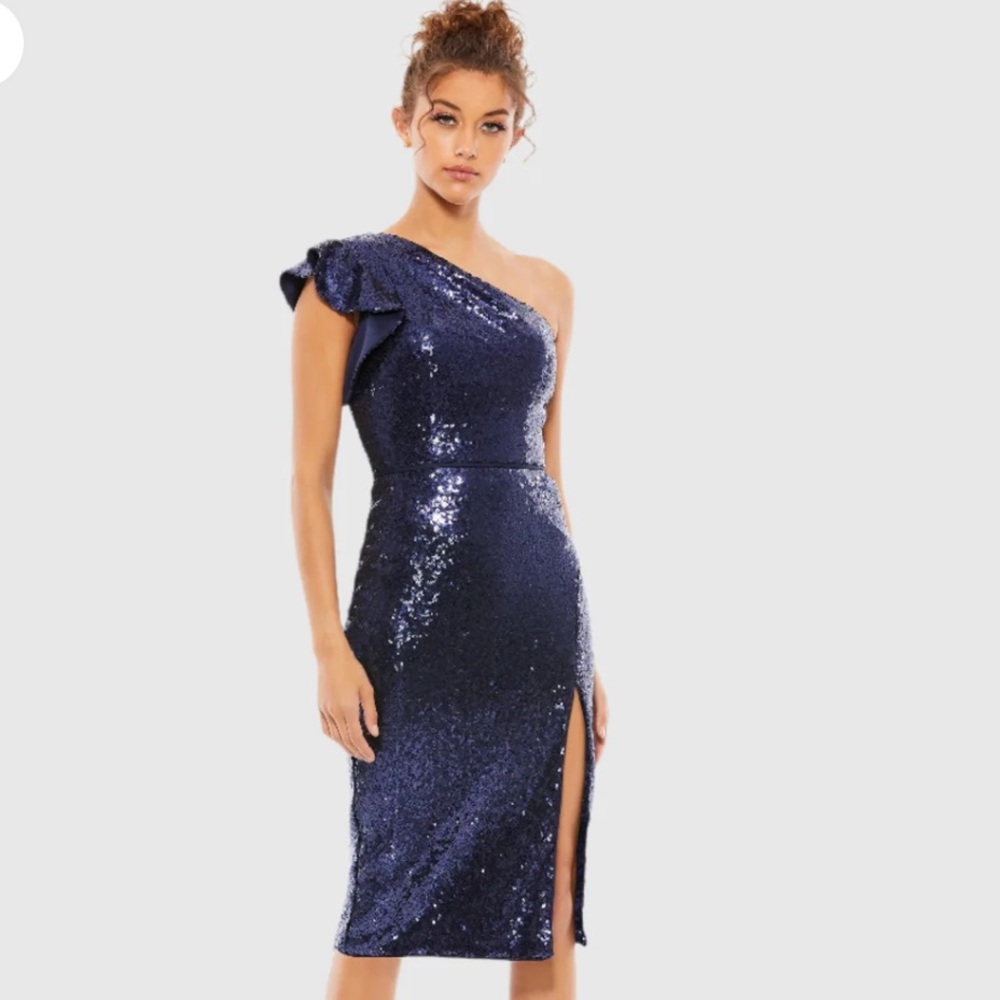 NWT Mac Duggal Navy Sequin Midi Dress